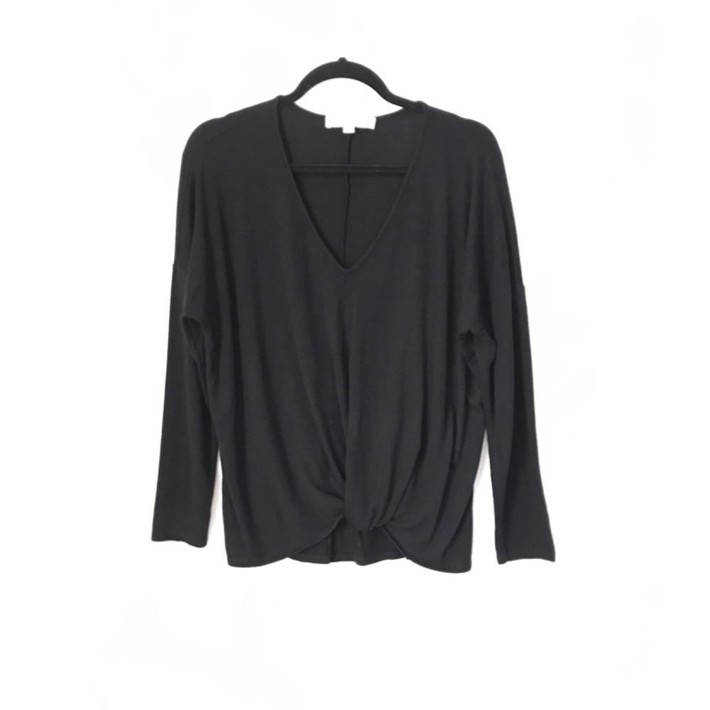 LOFT Twist Front V-Neck Top Women's Size M Black Long Sleeve Knit Solid Stretchy